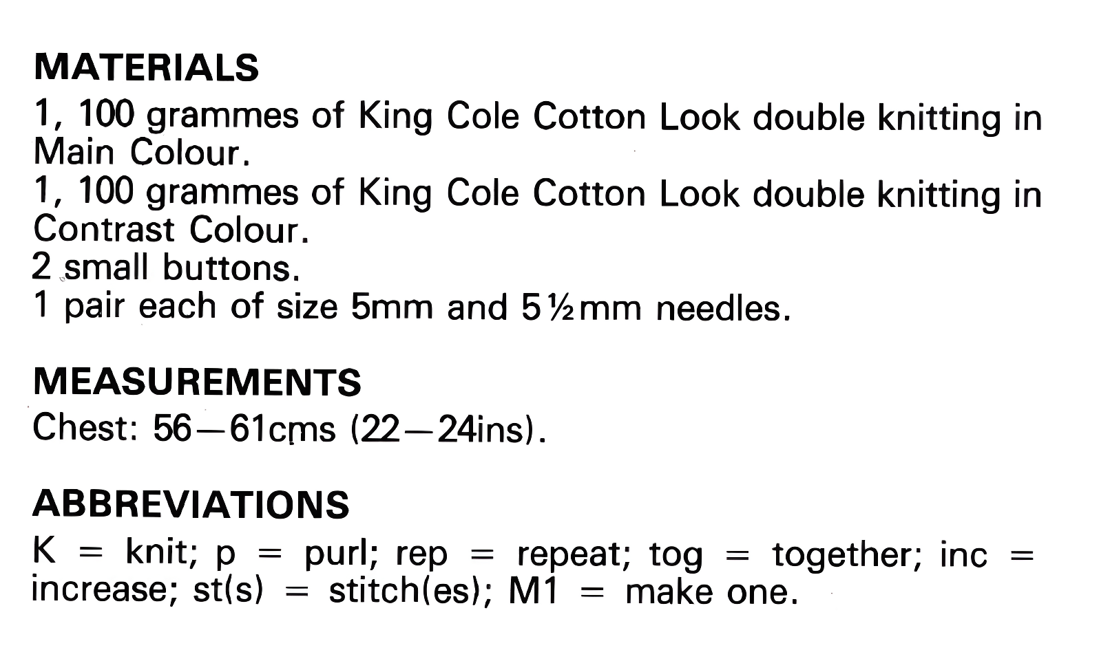 Materials, yarn requirements and measurements for vintage 1980s toddler girl sleeveless jumper and sun top knitting pattern