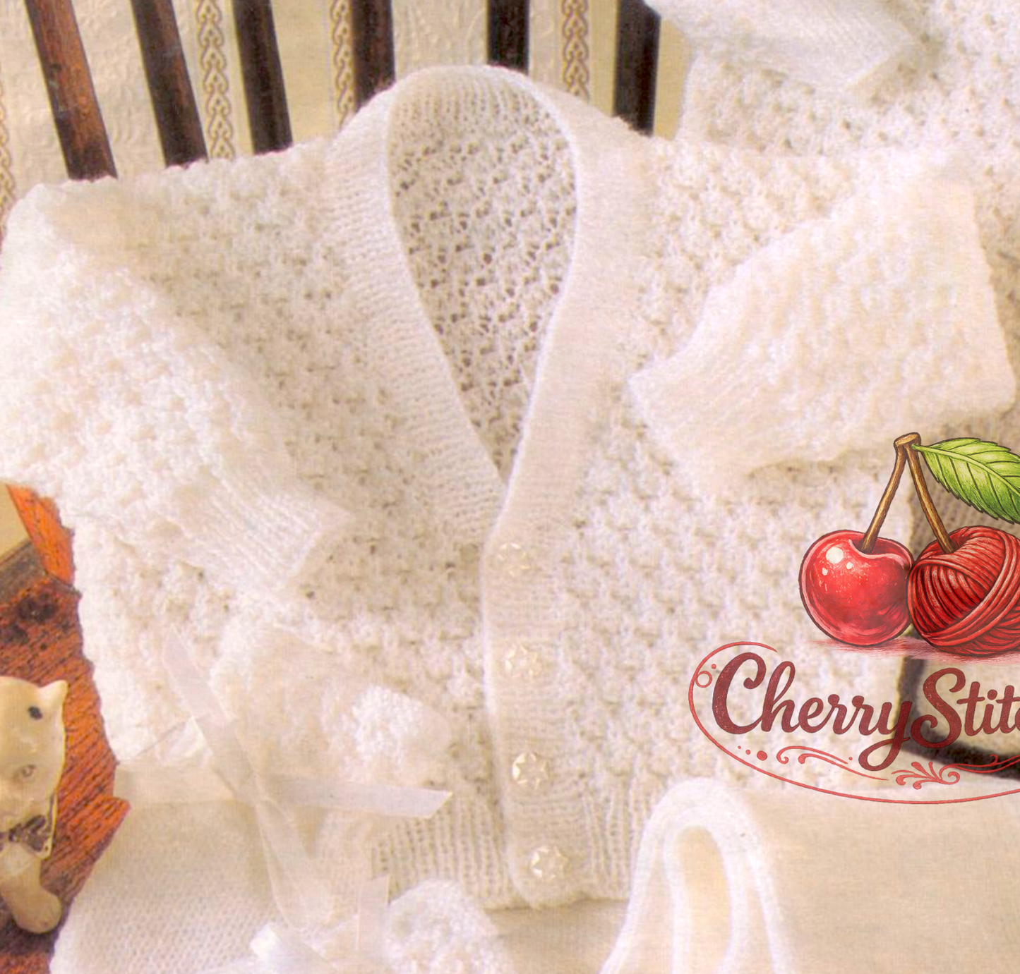 Close-up of white knitted V-neck cardigan – restored vintage 1980s baby set knitting pattern