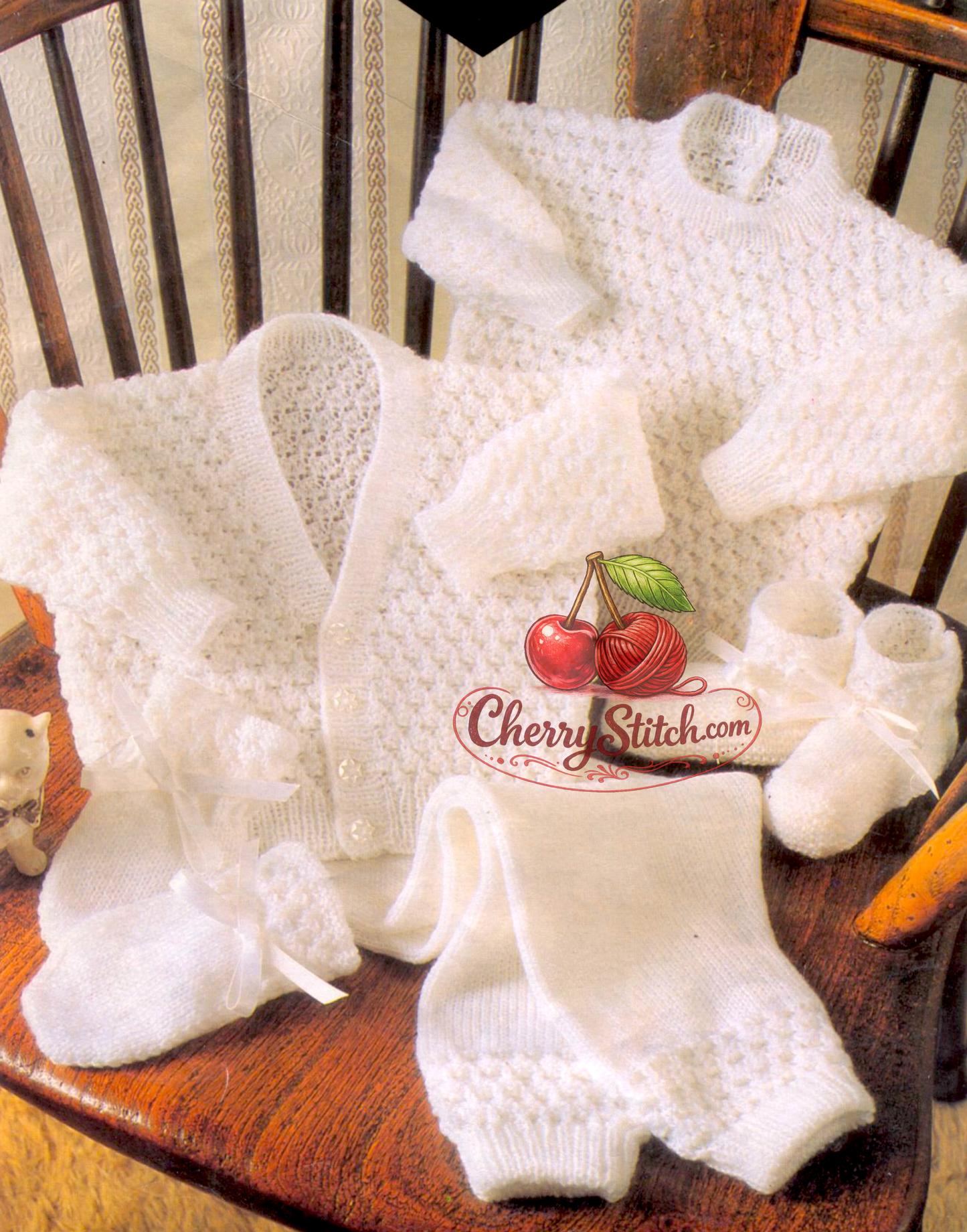 Vintage 1980s white baby set knitting pattern – V-neck cardigan, sweater, trousers, mitts and bootees in 3-ply