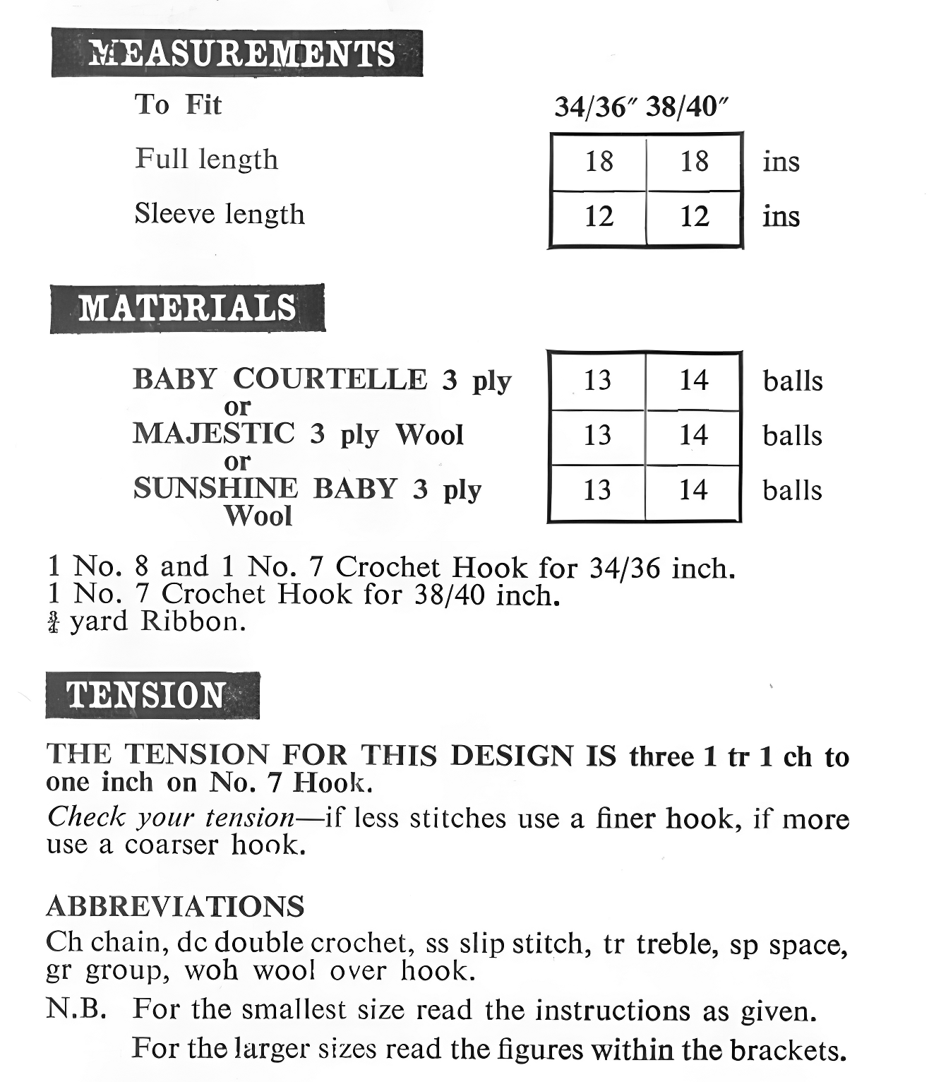 Yarn and materials requirement list for the 1970s white crochet bed jacket pattern, showing fingering 3-ply yarn yardage, tension and hook sizes.