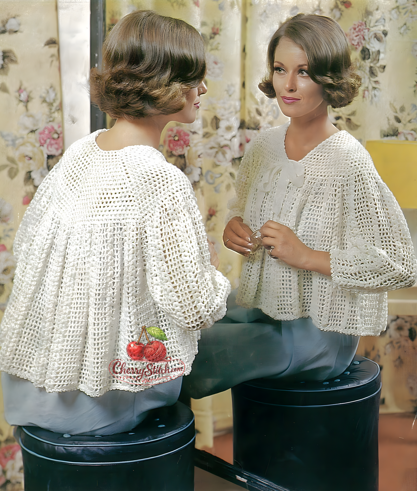 Cover art for a vintage 1970s crochet pattern featuring a woman wearing a white shell stitch bed jacket with puffy sleeves, buttoned at the front.