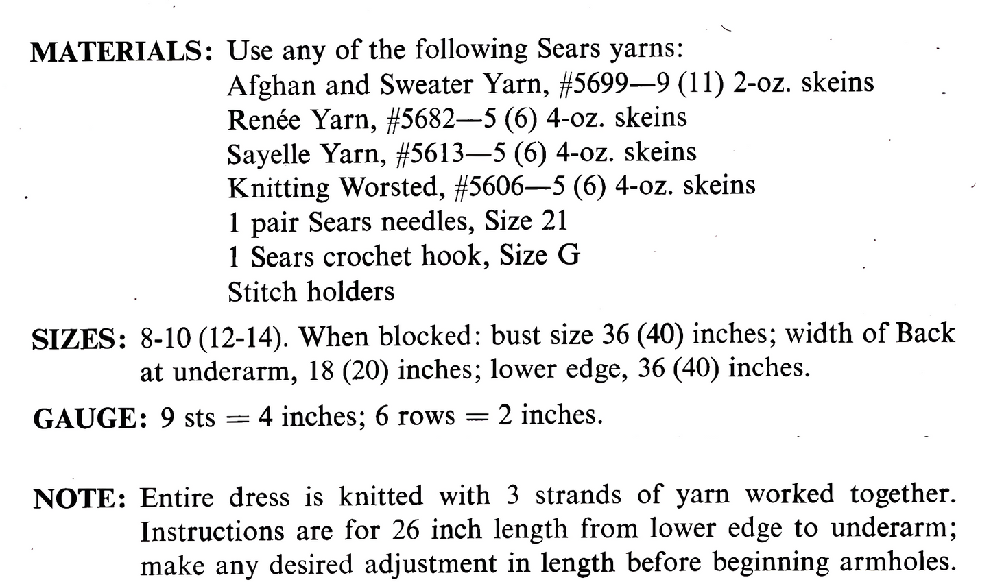 Yarn and materials requirement list for the 1960s sleeveless high neck A-line dress knitting pattern, showing worsted Aran weight yarn yardage and needle sizes.