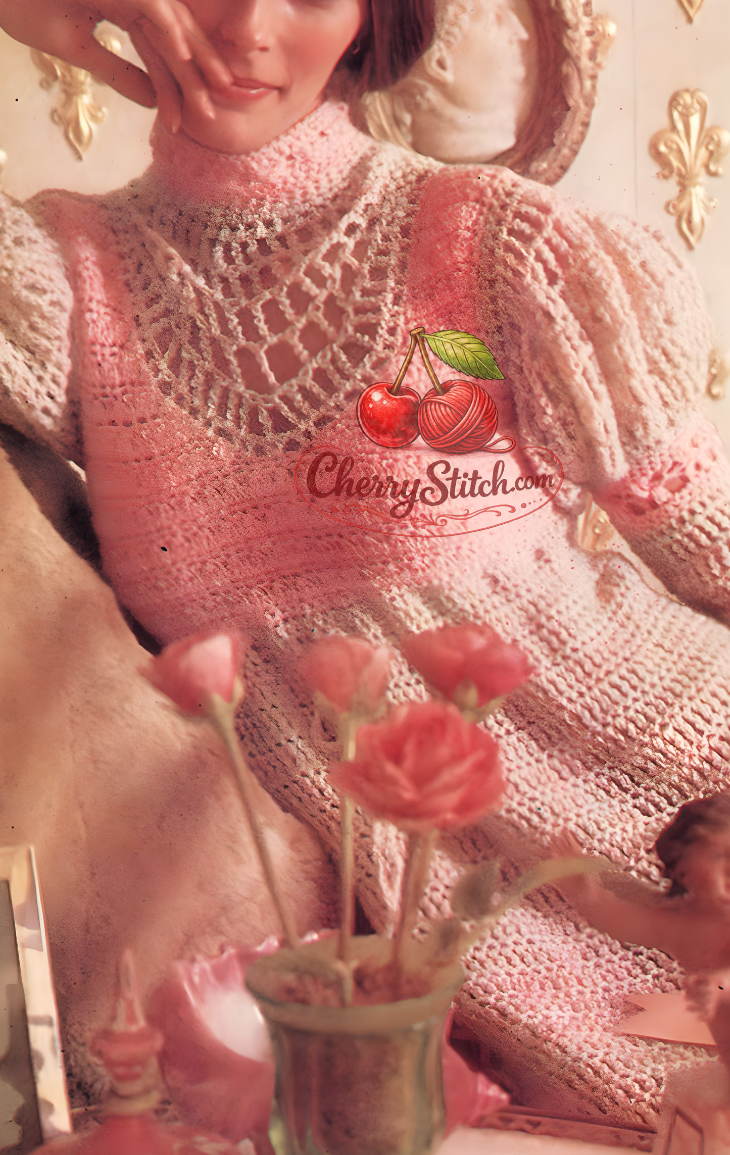Close-up detail of a pink crochet midi dress from a vintage 1971 pattern, showing the bodice, puffy Juliet sleeves and high neck.