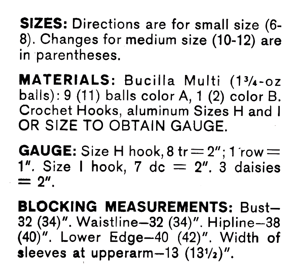Yarn and materials requirement list for the 1971 pink crochet midi dress pattern, showing DK weight yarn yardage, gauge and hook sizes.