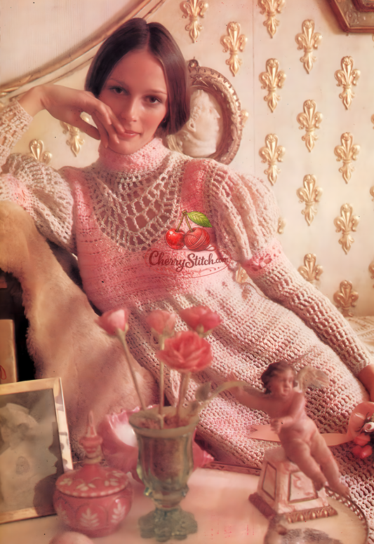Cover art for a vintage 1971 crochet pattern featuring a woman wearing a pink midi dress with puffed Juliet sleeves, high neck and empire waist.