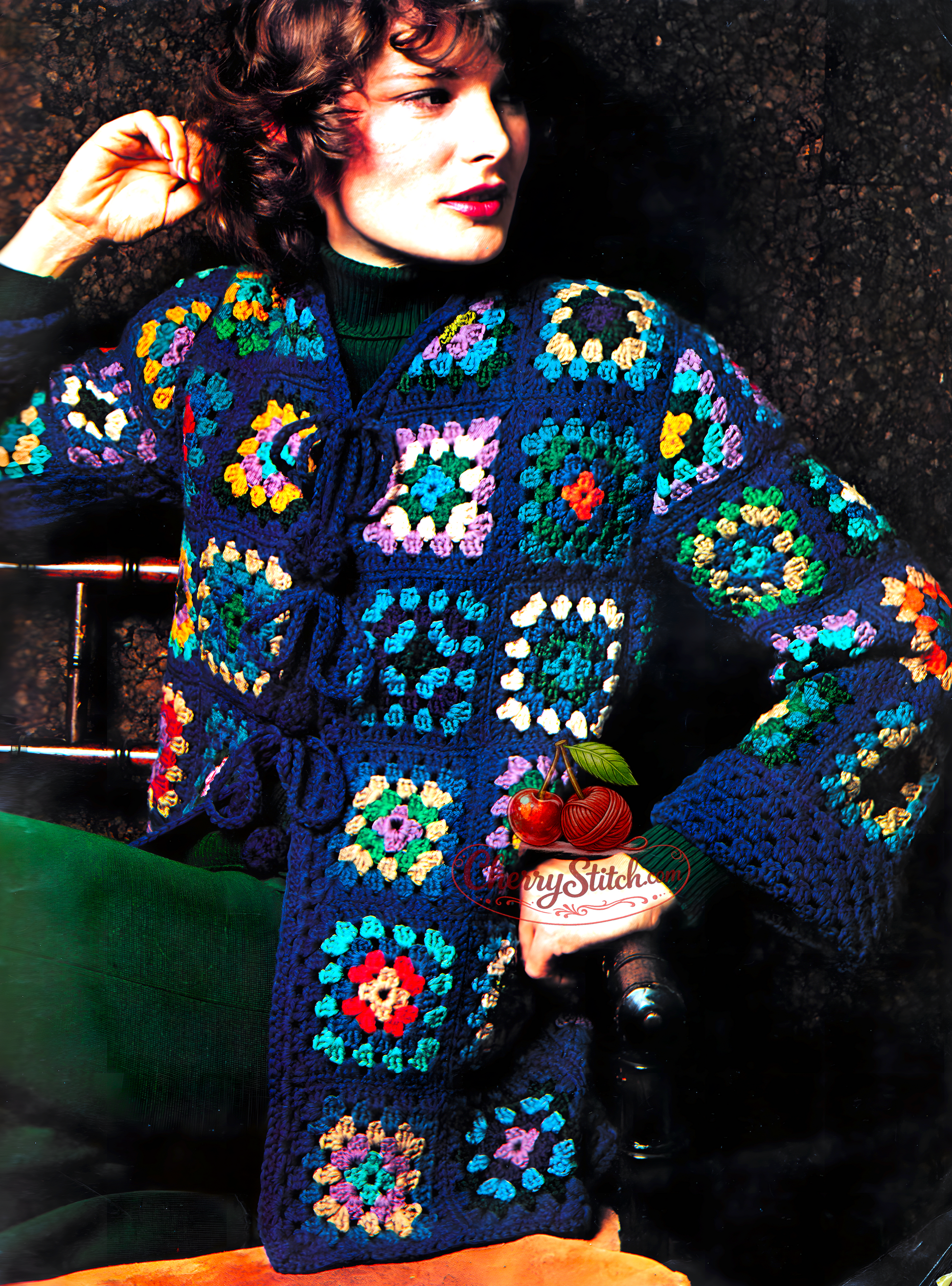 Women's granny square crochet jacket with folded cuffs and tie front – restored vintage 1980s pattern
