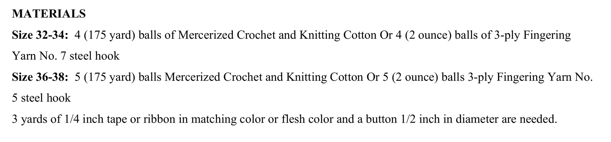 Yarn and materials requirement list for the 1960s flower medallion halter top crochet pattern, showing fingering 3-ply yarn yardage and hook sizes.
