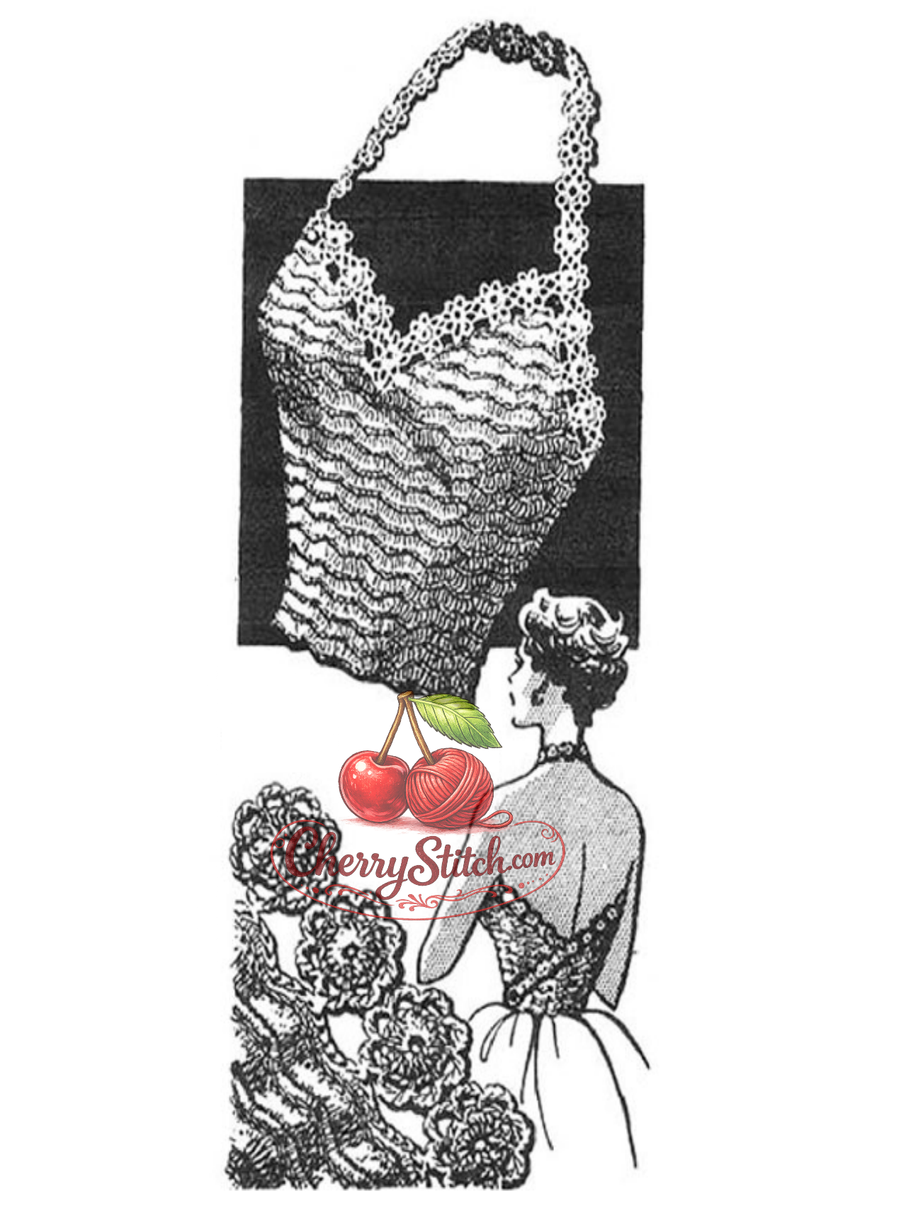 Cover art for a Women's restored vintage crochet pattern from the 1960s, featuring a halter top with flower medallion border and neck bands.