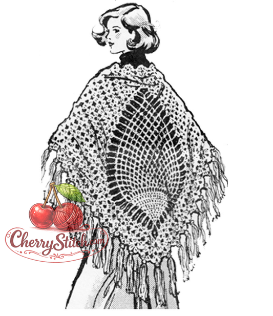 Cover art for a Women's restored vintage crochet pattern from the 1960s, featuring a deeply fringed pineapple design evening wrap shawl.