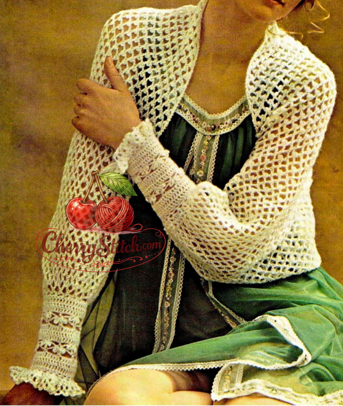 Close-up of crocheted women's lace shrug with frilly cuffs – restored vintage 1950s bed jacket pattern in UK crochet terms