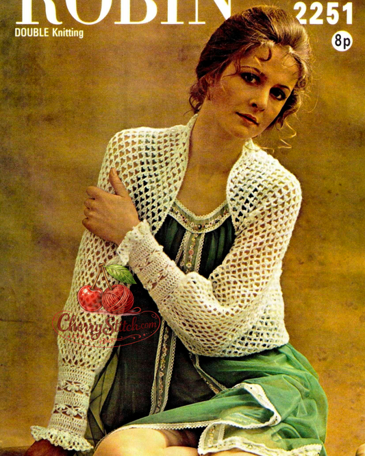 Vintage 1950s women's lace shrug and bed jacket crochet pattern – frilly cuffs, worked cuff to cuff in DK